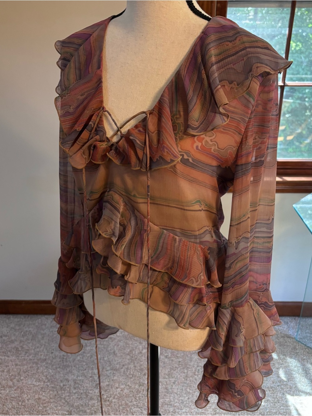 Ronny Kobo Collection Bohemian Mauve Multi-Stripe Ruffle Tie-Front Blouse Small - Picture 4 of 14